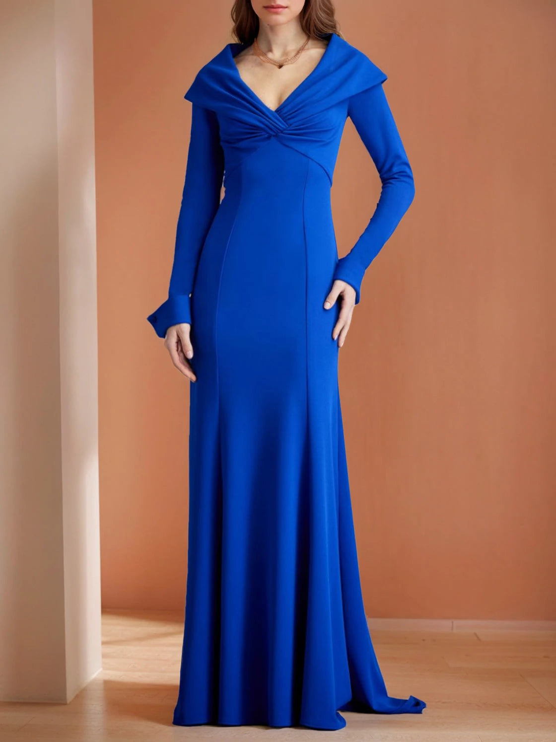 Trumpet V-Neck Long Sleeves Floor-Length with Ruffles Evening Dresses