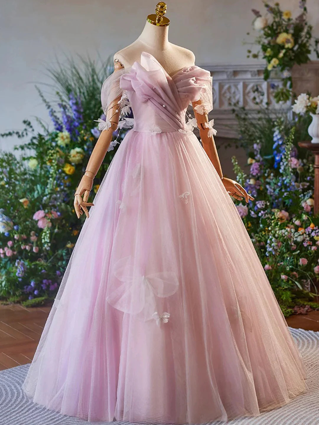 Tulle Floor Length Pink Prom Dress Beautiful A-Line Off the Shoulder Evening Party Dress