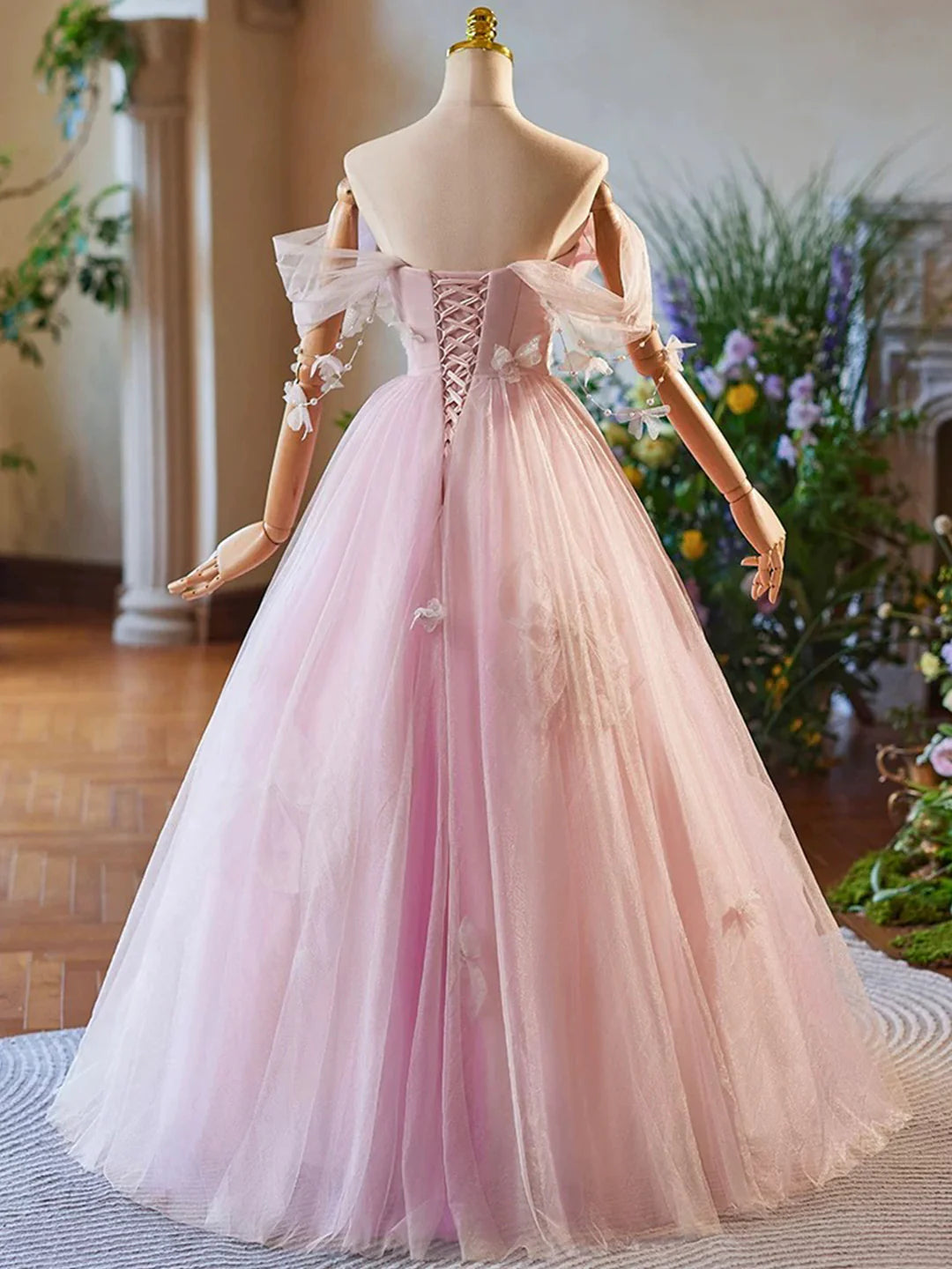 Tulle Floor Length Pink Prom Dress Beautiful A-Line Off the Shoulder Evening Party Dress