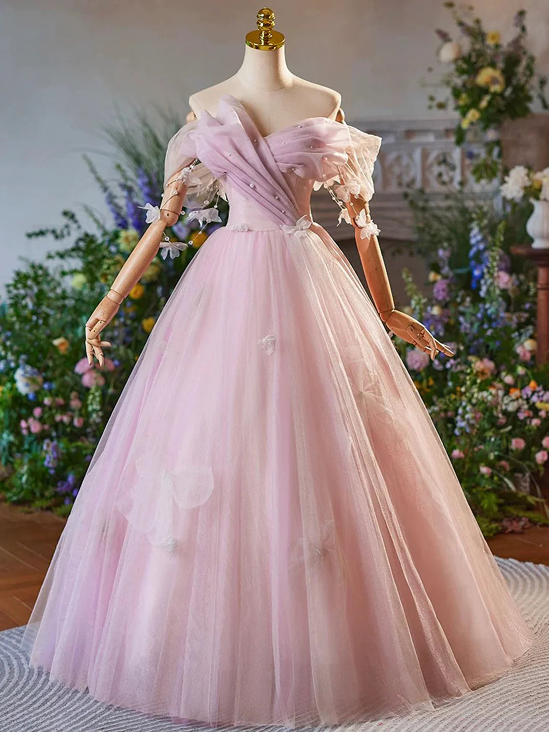 Tulle Floor Length Pink Prom Dress Beautiful A-Line Off the Shoulder Evening Party Dress