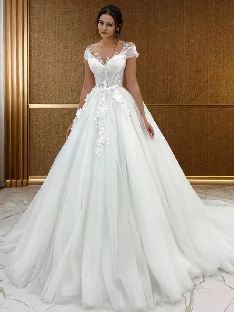 Tulle Lace Princess Scoop Short Sleeves Sweep Train Wedding Dresses
