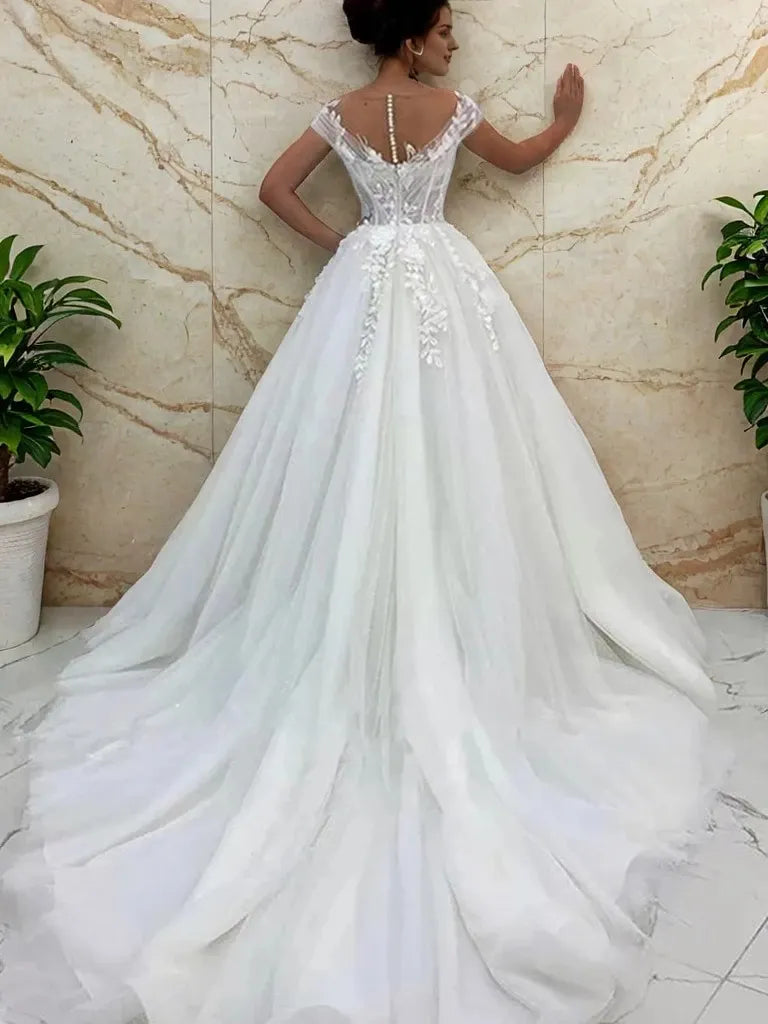 Tulle Lace Princess Scoop Short Sleeves Sweep Train Wedding Dresses