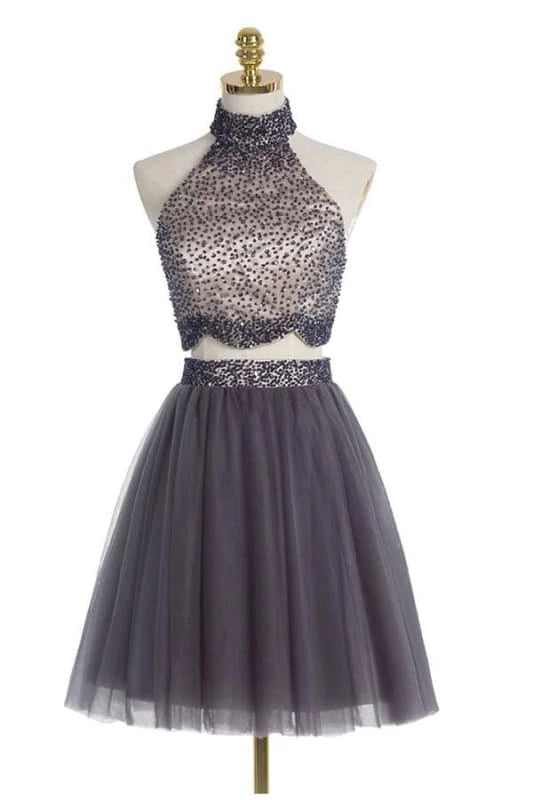 Tulle Poofy Two piece High Neck Gray Beading Sleeveless Party Dresses Homecoming Dresses