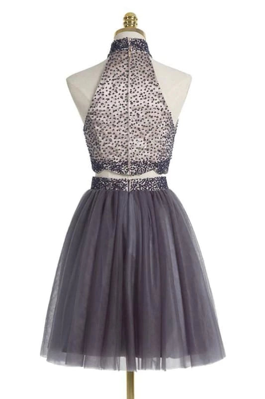 Tulle Poofy Two piece High Neck Gray Beading Sleeveless Party Dresses Homecoming Dresses
