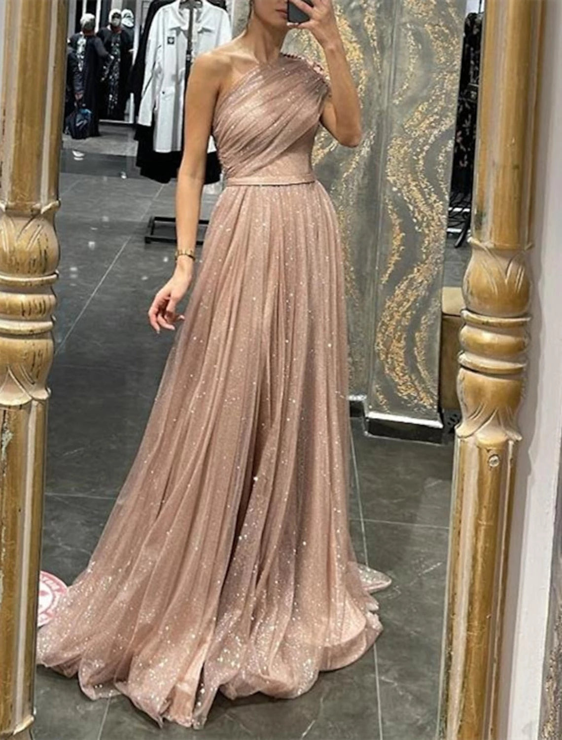 Tulle Princess One-Shoulder Sleeveless Long With Sequins Prom Dresses Evening Dresses Party Dress