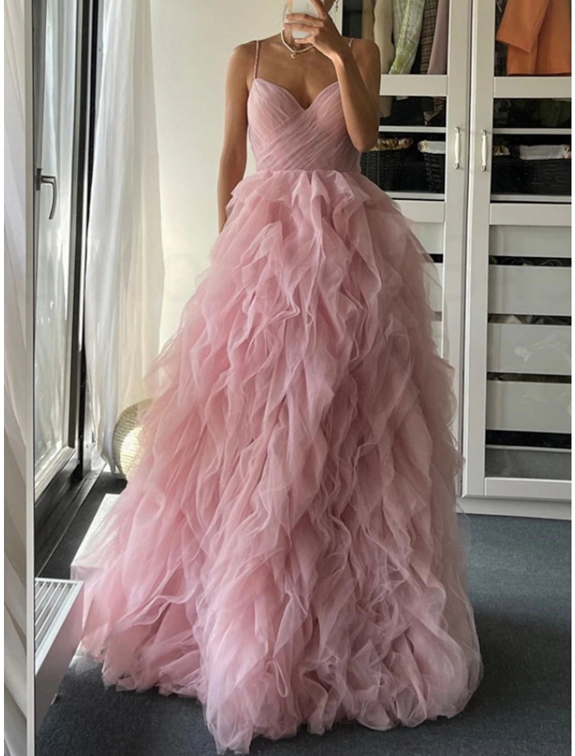 Tulle Princess Spaghetti Straps Long Ruffles Prom Dresses Evening Dresses Party Dress
