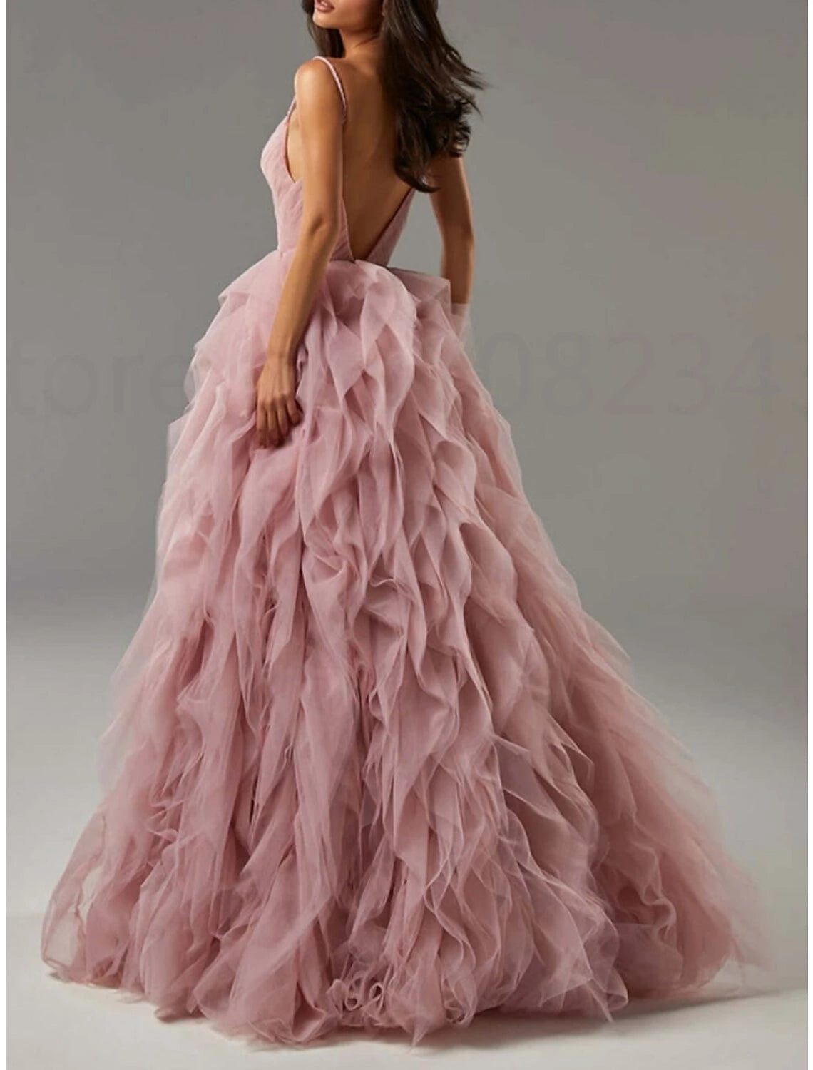 Tulle Princess Spaghetti Straps Long Ruffles Prom Dresses Evening Dresses Party Dress