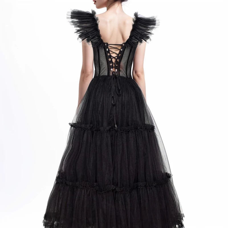 Tulle Princess Spaghetti Straps Tea-Length Ruffles Evening Dresses Party Dress