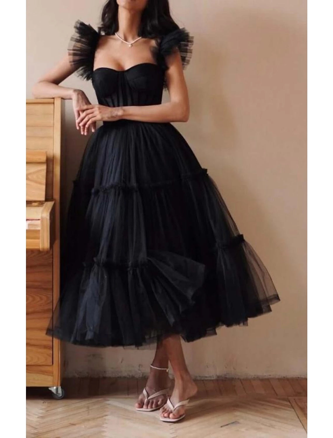 Tulle Princess Spaghetti Straps Tea-Length Ruffles Evening Dresses Party Dress