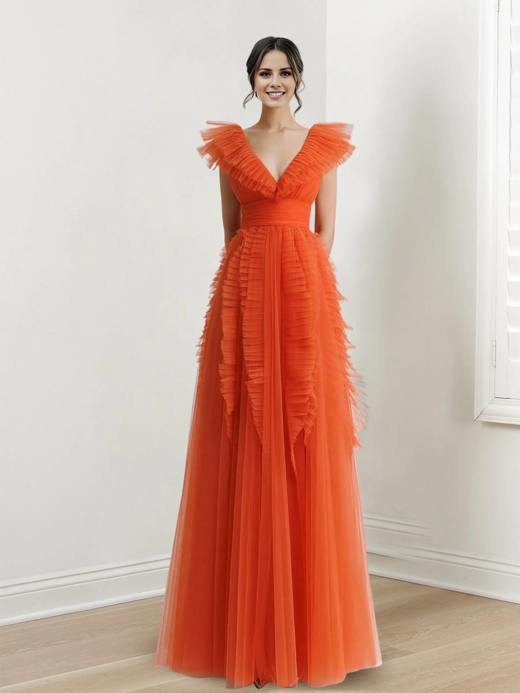 Tulle Princess V-Neck Sleeveless Floor-length Long Whit Ruffled Evening Dresses Prom Dresses