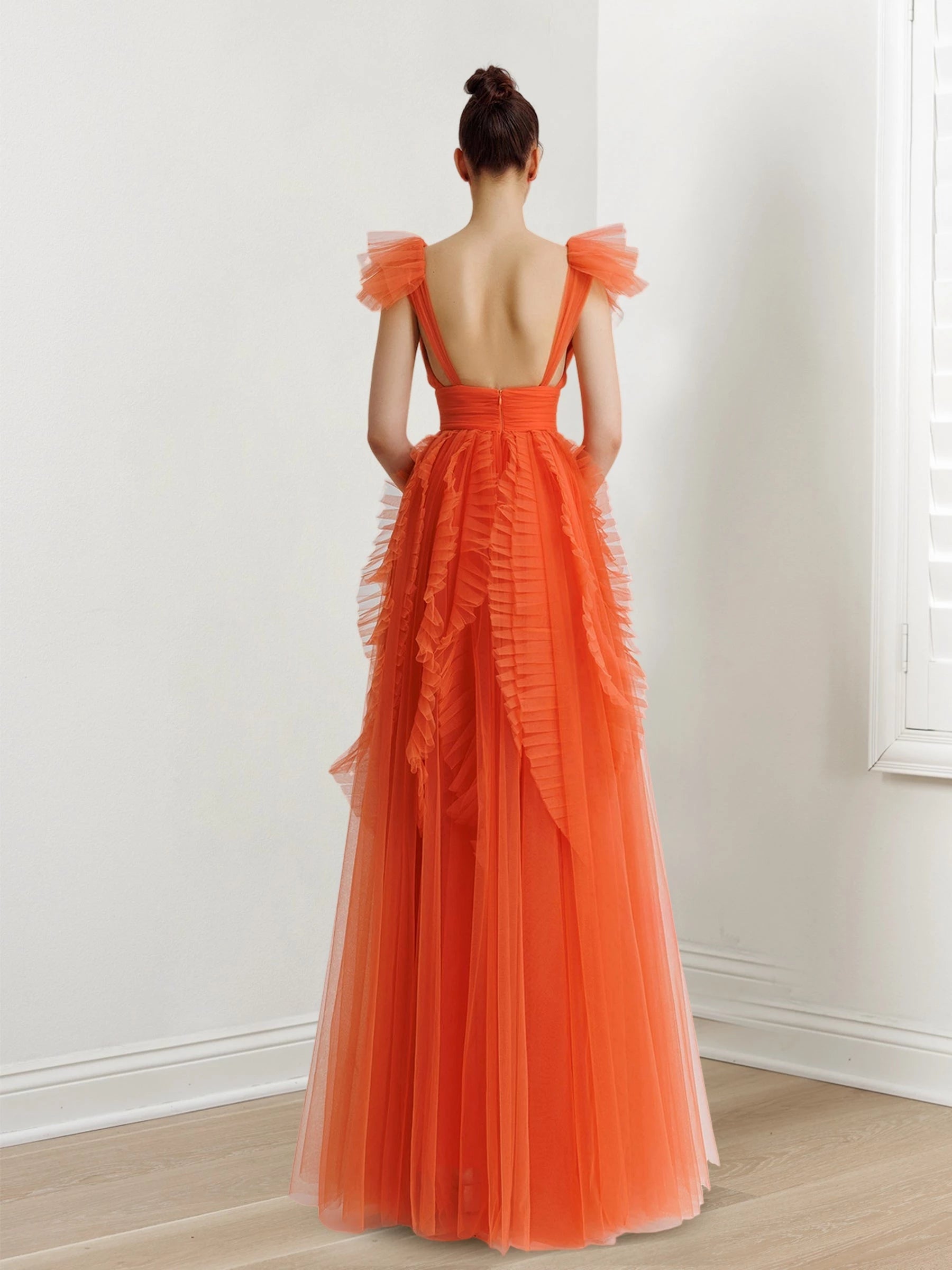 Tulle Princess V-Neck Sleeveless Floor-length Long Whit Ruffled Evening Dresses Prom Dresses