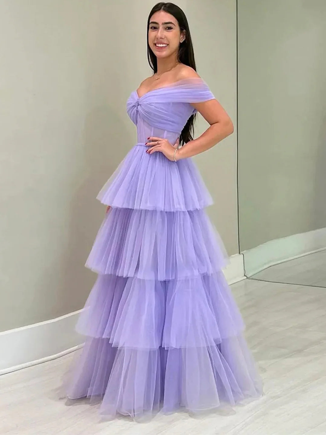 Tulle Purple Floor Length A-Line Prom Dress Off the Shoulder Evening Party Dress