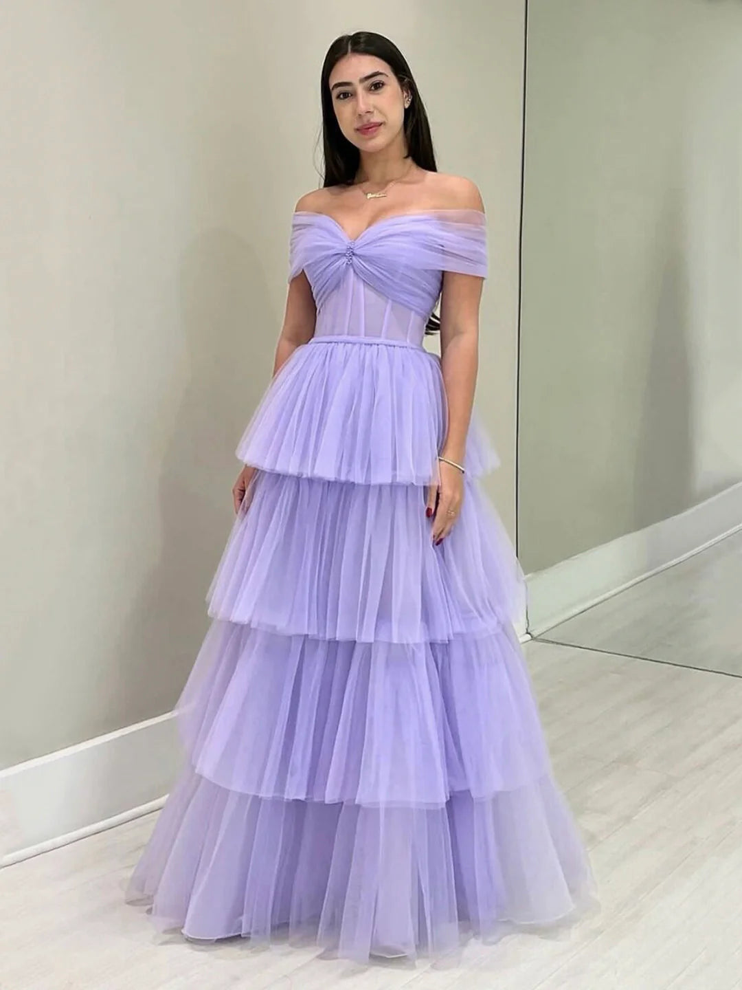 Tulle Purple Floor Length A-Line Prom Dress Off the Shoulder Evening Party Dress