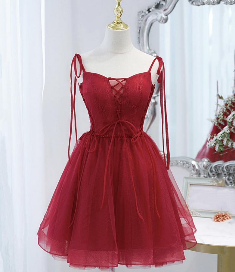 Tulle Red Lace-up Sleeveless Off-the-shoulder Short Prom Dress Party Dress Cocktail Dress Homecoming Dress Evening Dress