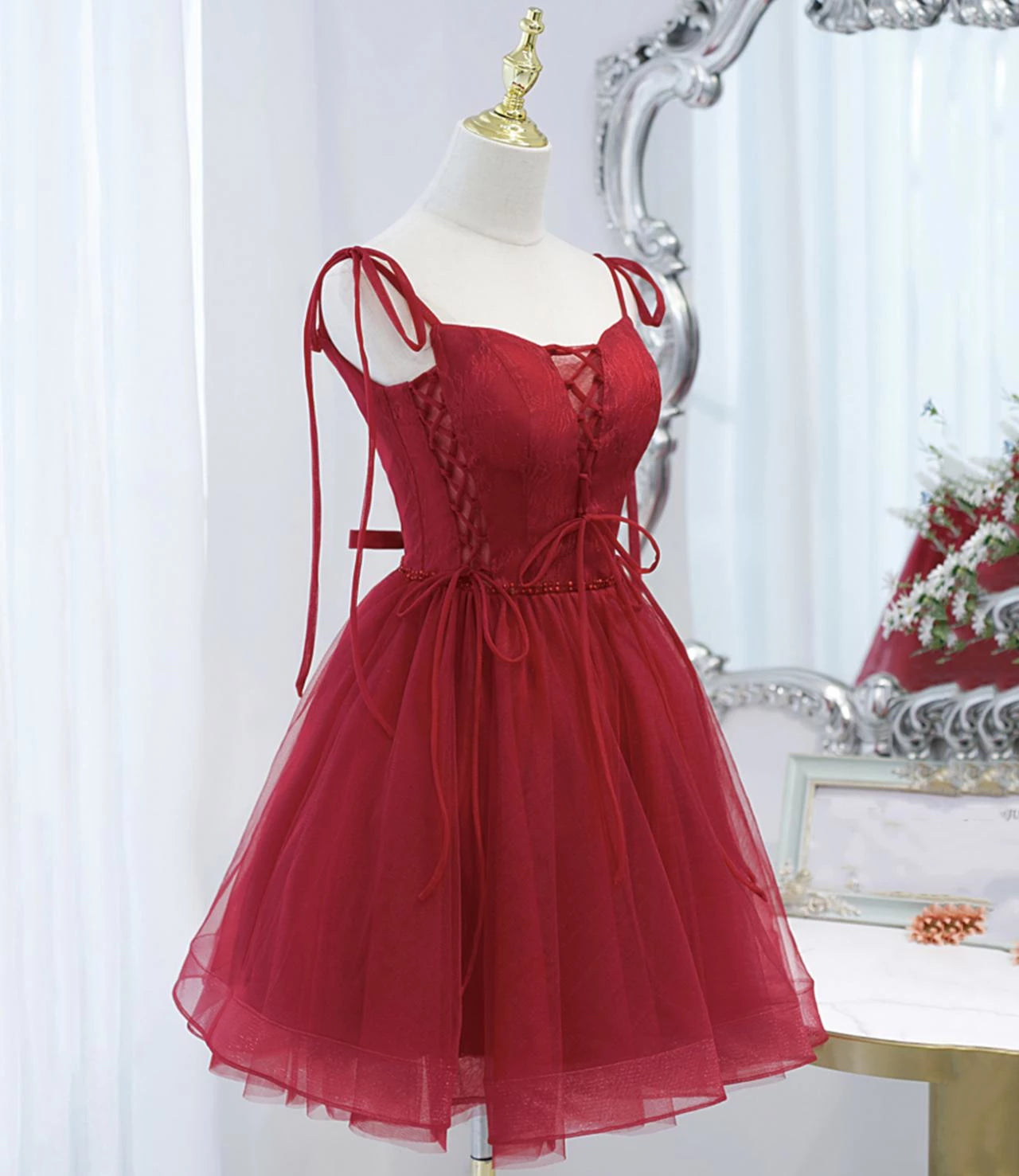 Tulle Red Lace-up Sleeveless Off-the-shoulder Short Prom Dress Party Dress Cocktail Dress Homecoming Dress Evening Dress