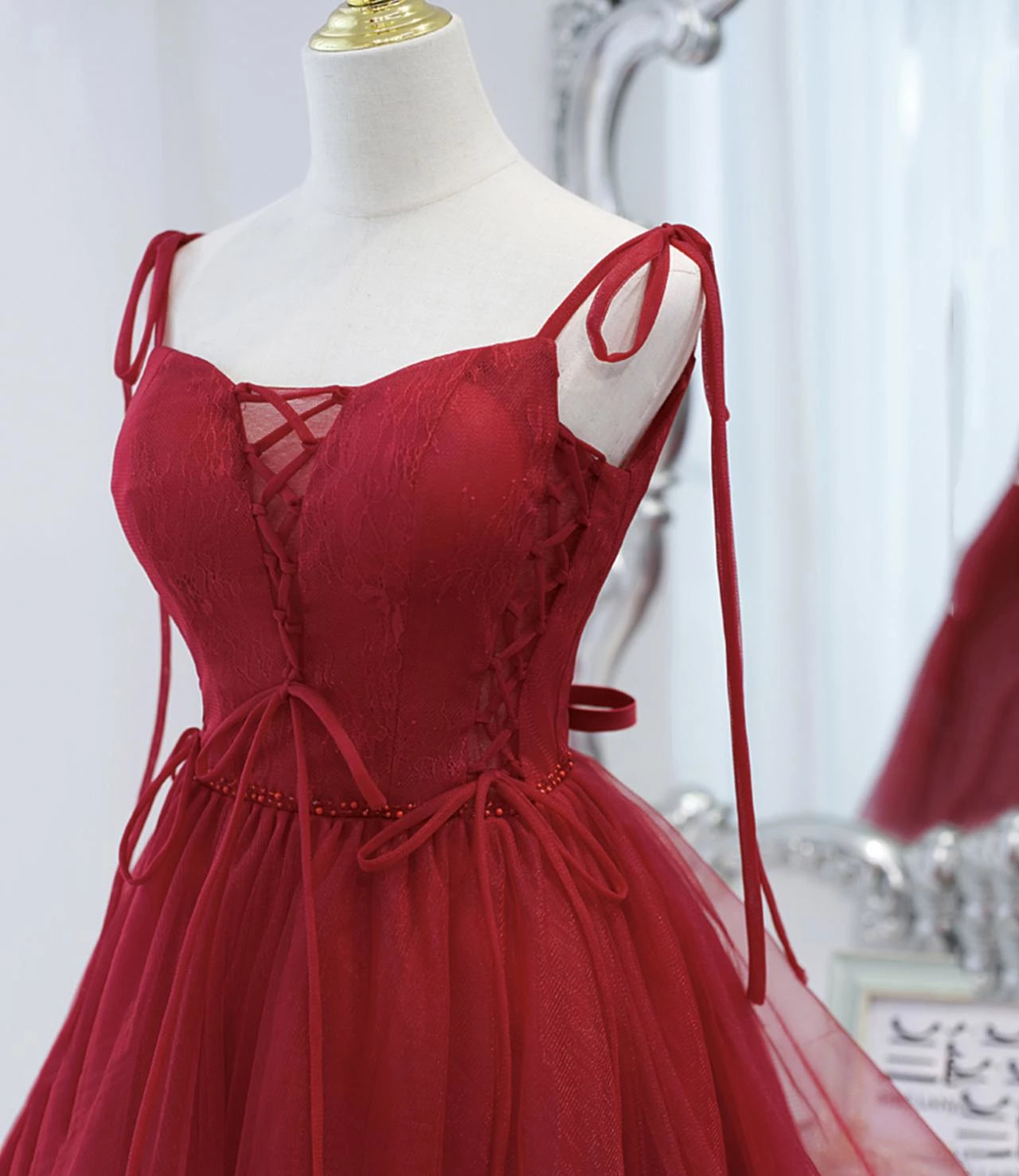 Tulle Red Lace-up Sleeveless Off-the-shoulder Short Prom Dress Party Dress Cocktail Dress Homecoming Dress Evening Dress