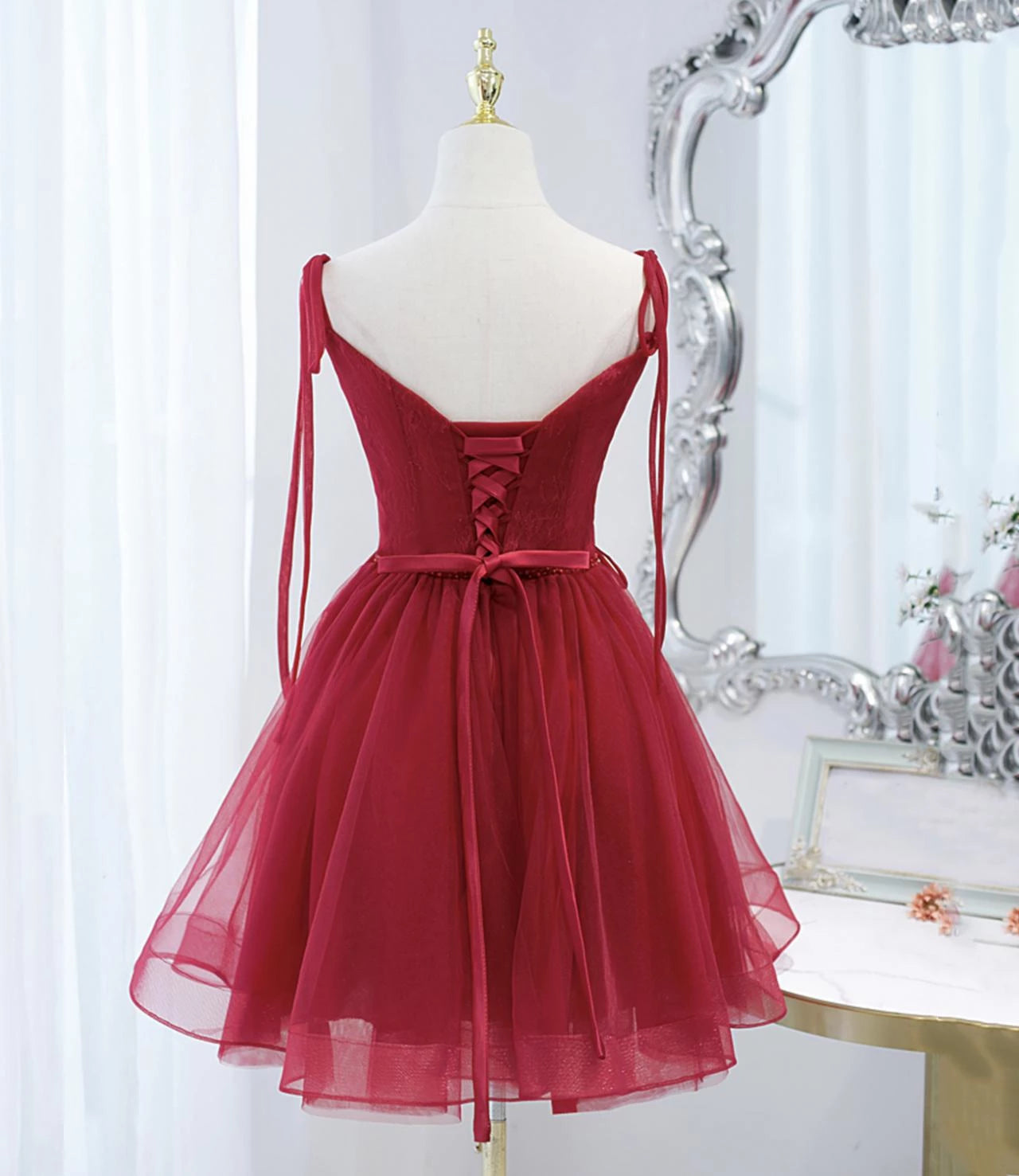 Tulle Red Lace-up Sleeveless Off-the-shoulder Short Prom Dress Party Dress Cocktail Dress Homecoming Dress Evening Dress