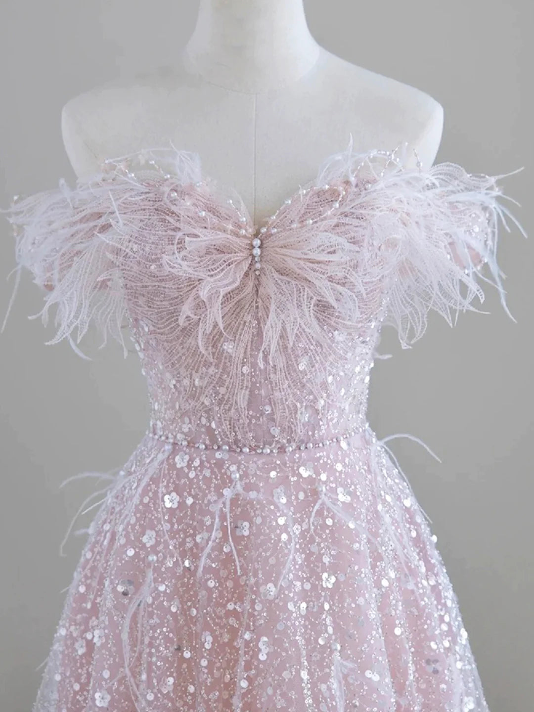 Tulle Sequin Sparkling Long Prom Dress Off the Shoulder Pink Evening Party Dress