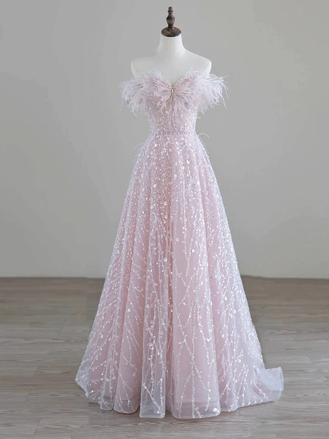 Tulle Sequin Sparkling Long Prom Dress Off the Shoulder Pink Evening Party Dress
