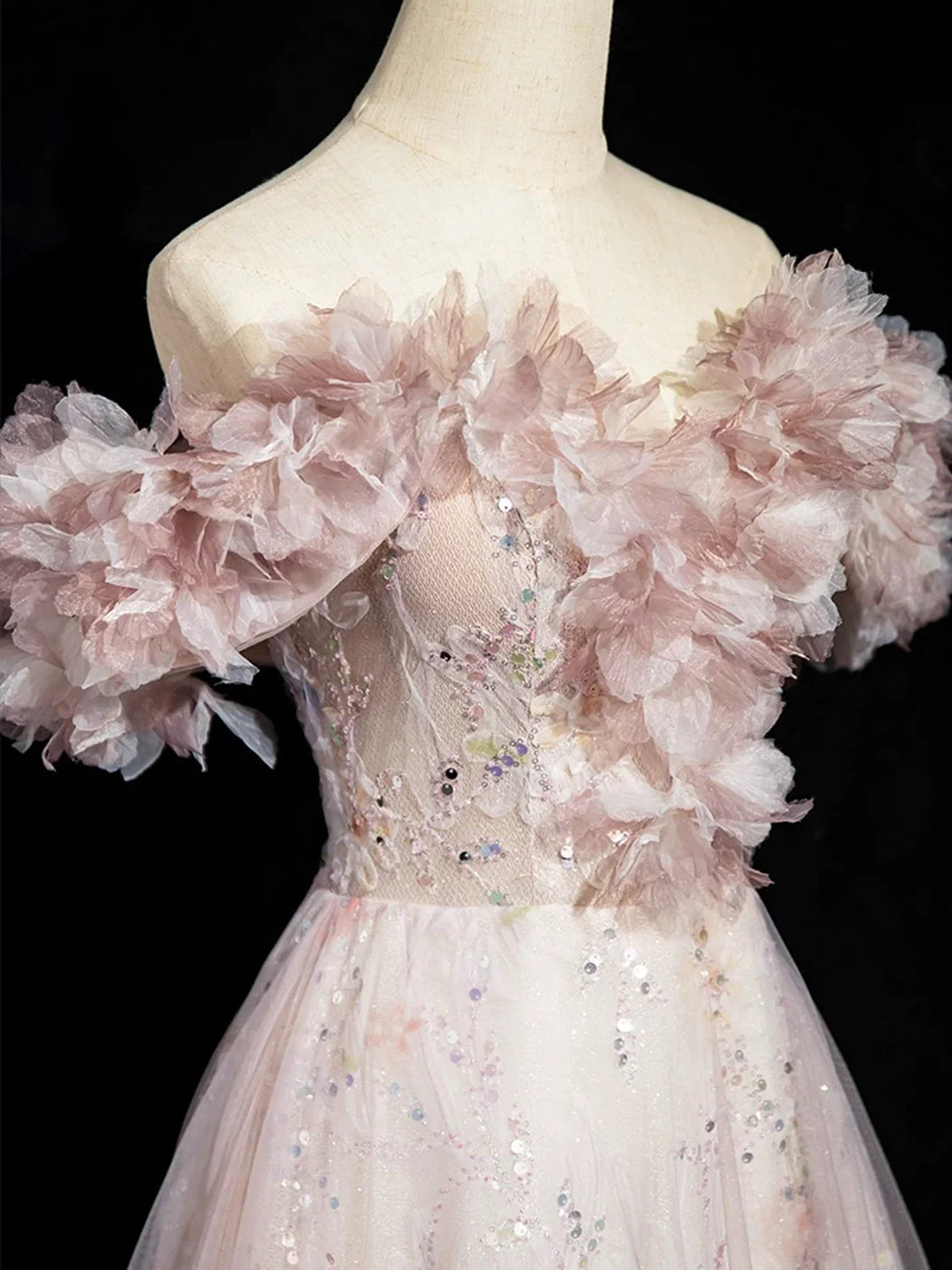 Tulle Sequins Floor Length Dusty Pink Prom Dress Beautiful A-Line Evening Party Dress