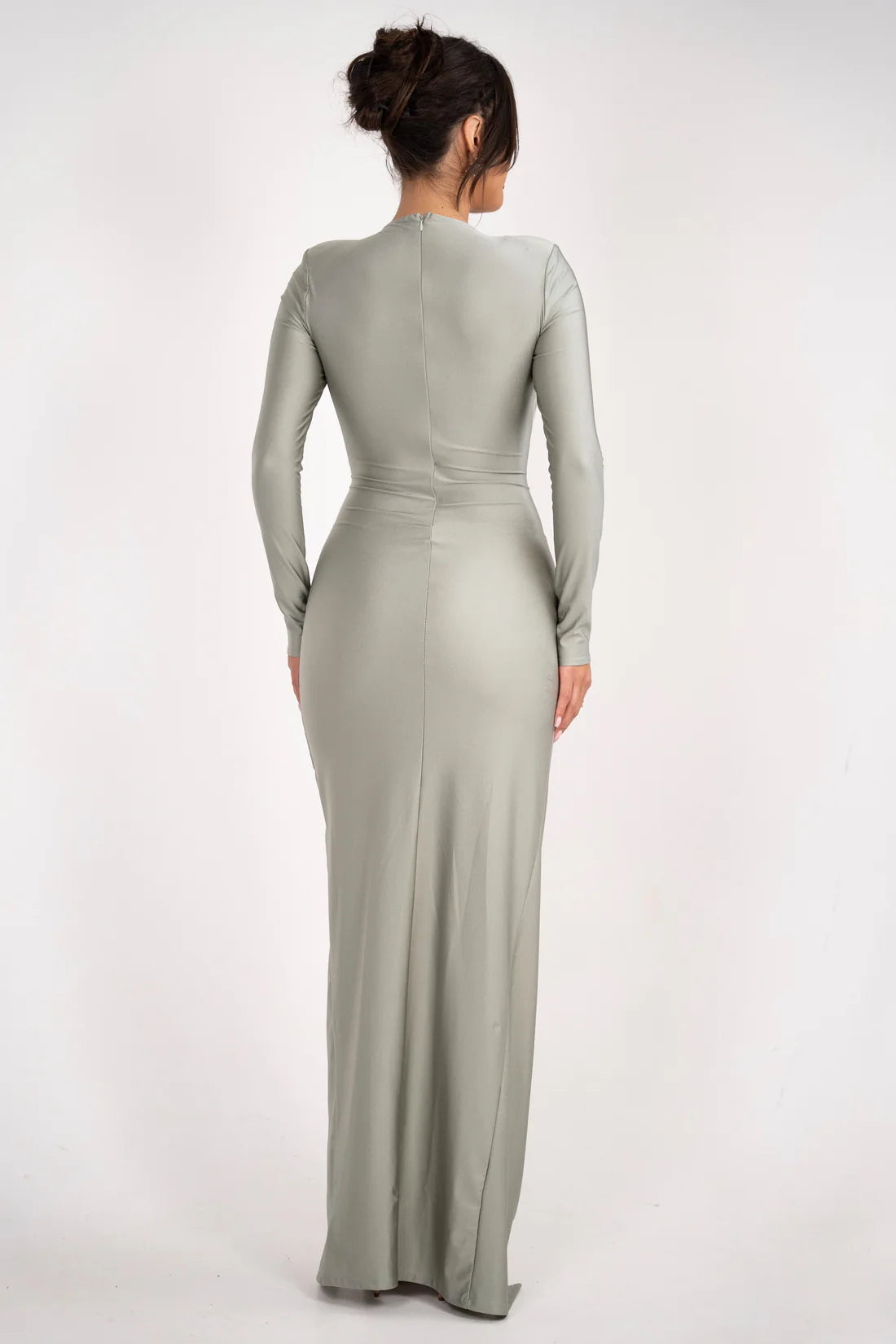Twist Front Sheath Square Neck Long Sleeve Embellished Waist Floor Length Female Prom Dress