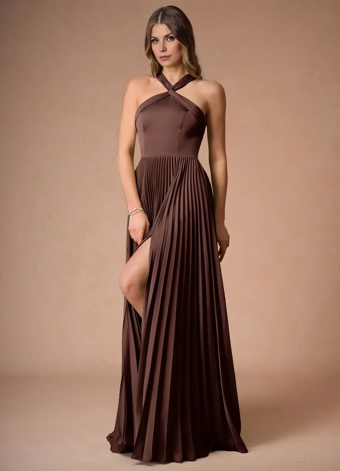 Twist Halter Satin A Line Cut Out Back Pleated Skirt High Slit Floor Length Hot sale Prom Dress