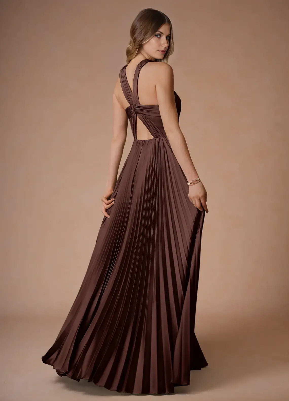 Twist Halter Satin A Line Cut Out Back Pleated Skirt High Slit Floor Length Hot sale Prom Dress