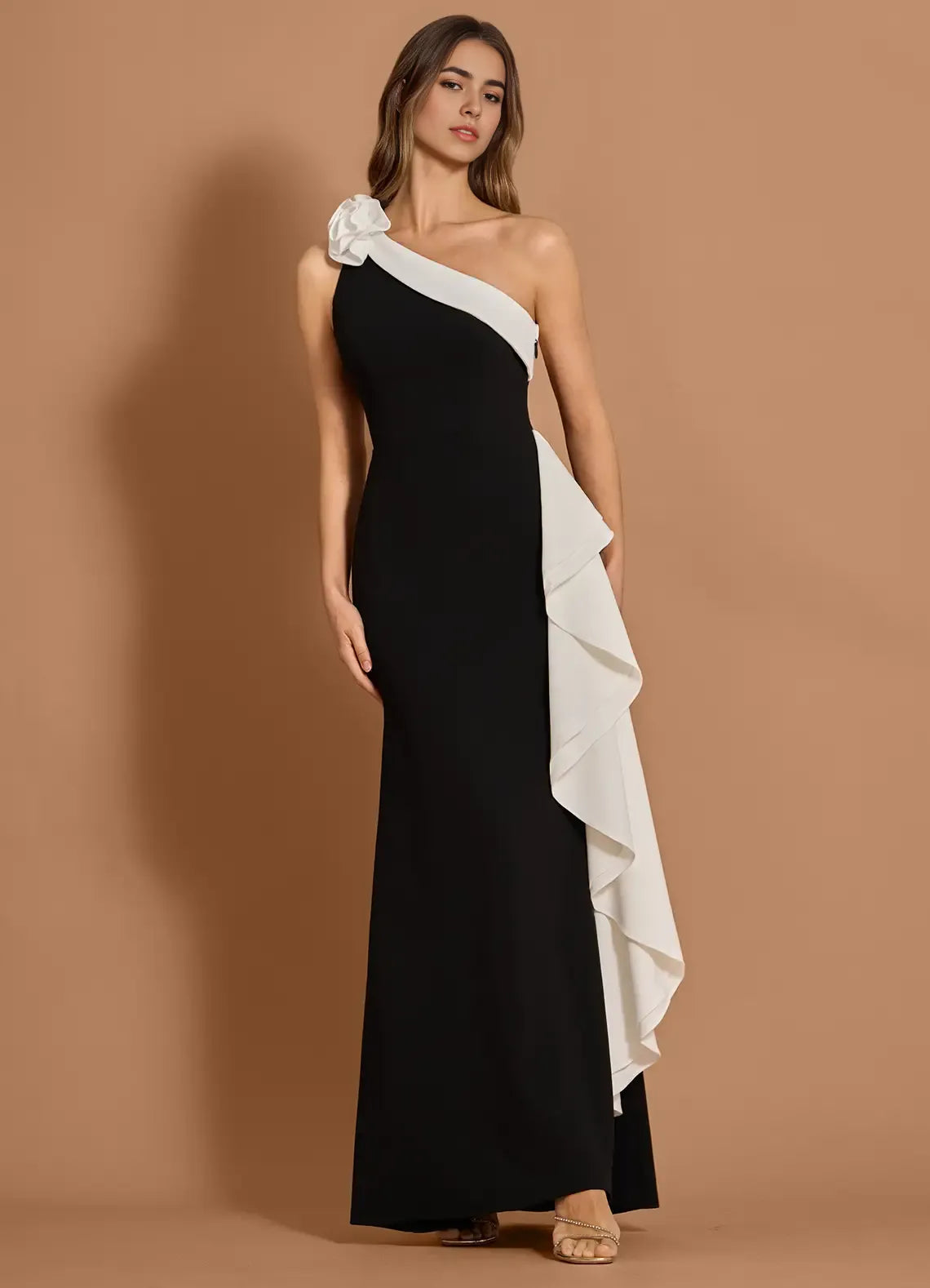 Two Tone Mermaid One Shoulder Sleeveless Ruffled Back Floor Length Hot sale Prom Dress