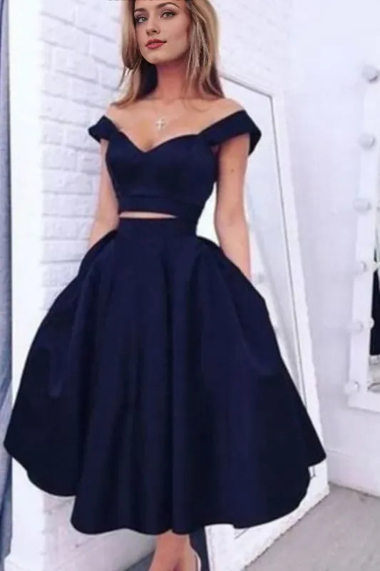 Two Pieces Off Shoulder Trendy Navy Blue Short Prom Gowns Party Dresses Homecoming Dresses