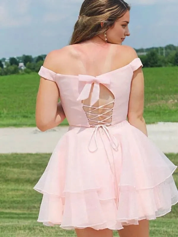 Two Pieces Off the Shoulder Pink Short Prom Homecoming with Cross Back Off Shoulder Two Piece Pink Formal Graduation Evening Party Dresses Homecoming Dresses