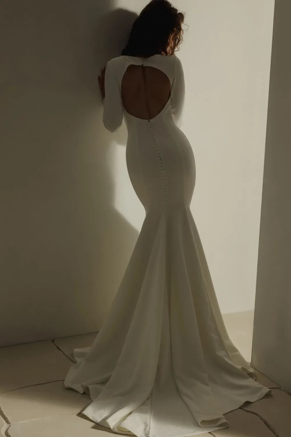 Understated Sheath Crew Neck Long Sleeve Open Back Long Length Wedding Dress
