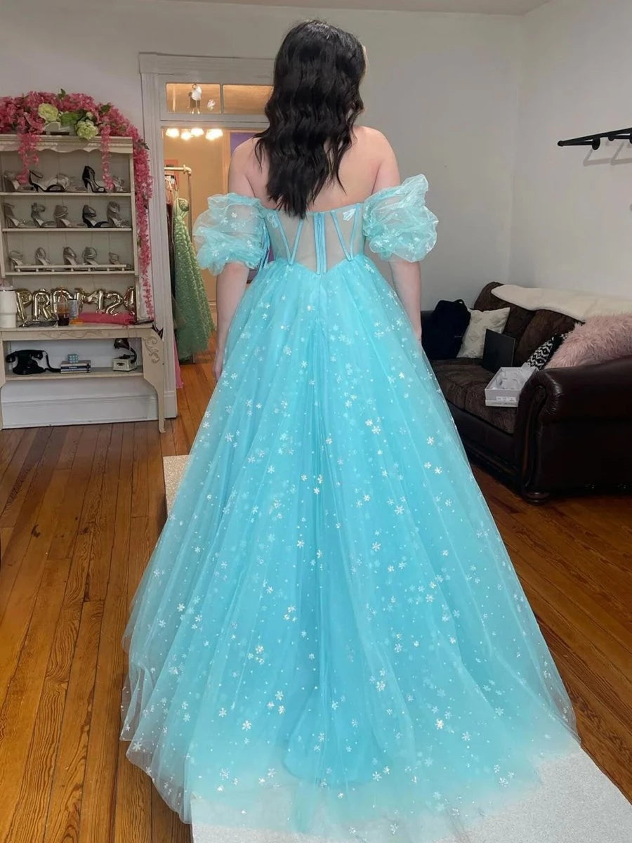 Unique Aqua Blue Strapless A Line Tulle Starry Long Floor-length  Short Sleeves Evening Dresses Evening Dresses Prom Dress
