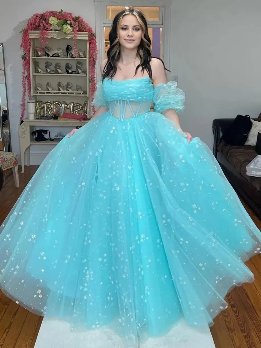 Unique Aqua Blue Strapless A Line Tulle Starry Long Floor-length  Short Sleeves Evening Dresses Evening Dresses Prom Dress