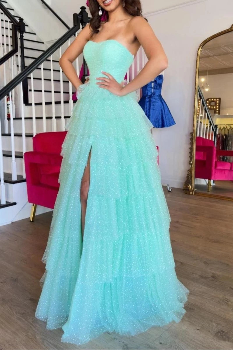 Unique Aqua Blue Sweetheart Tulle Tiered A-Line Long with Slit Evening Dresses Evening Dresses Prom Dress