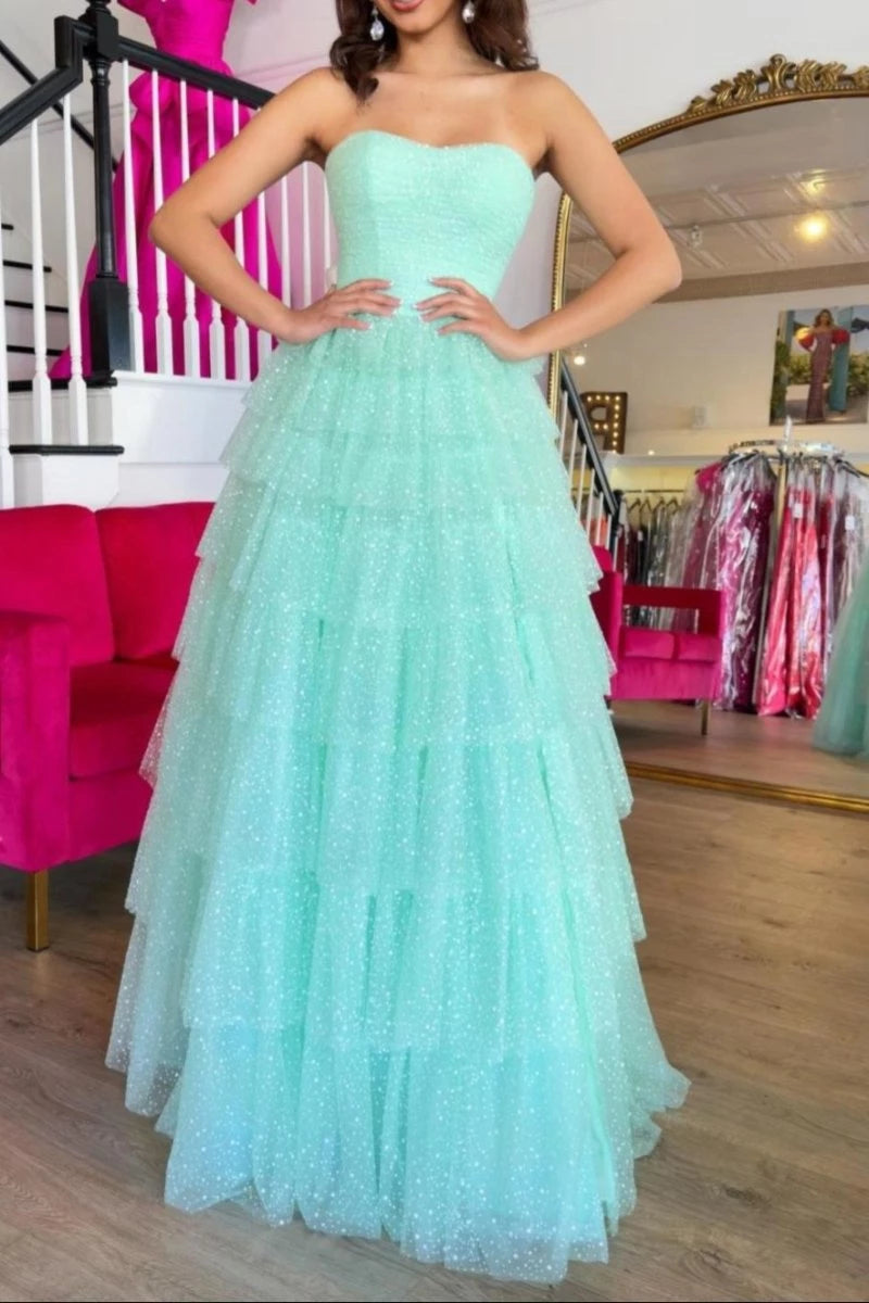 Unique Aqua Blue Sweetheart Tulle Tiered A-Line Long with Slit Evening Dresses Evening Dresses Prom Dress