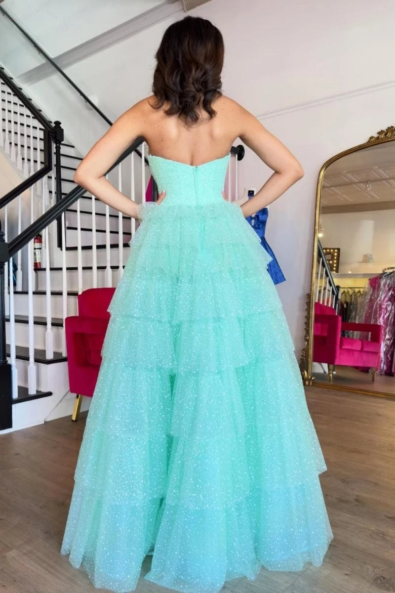 Unique Aqua Blue Sweetheart Tulle Tiered A-Line Long with Slit Evening Dresses Evening Dresses Prom Dress