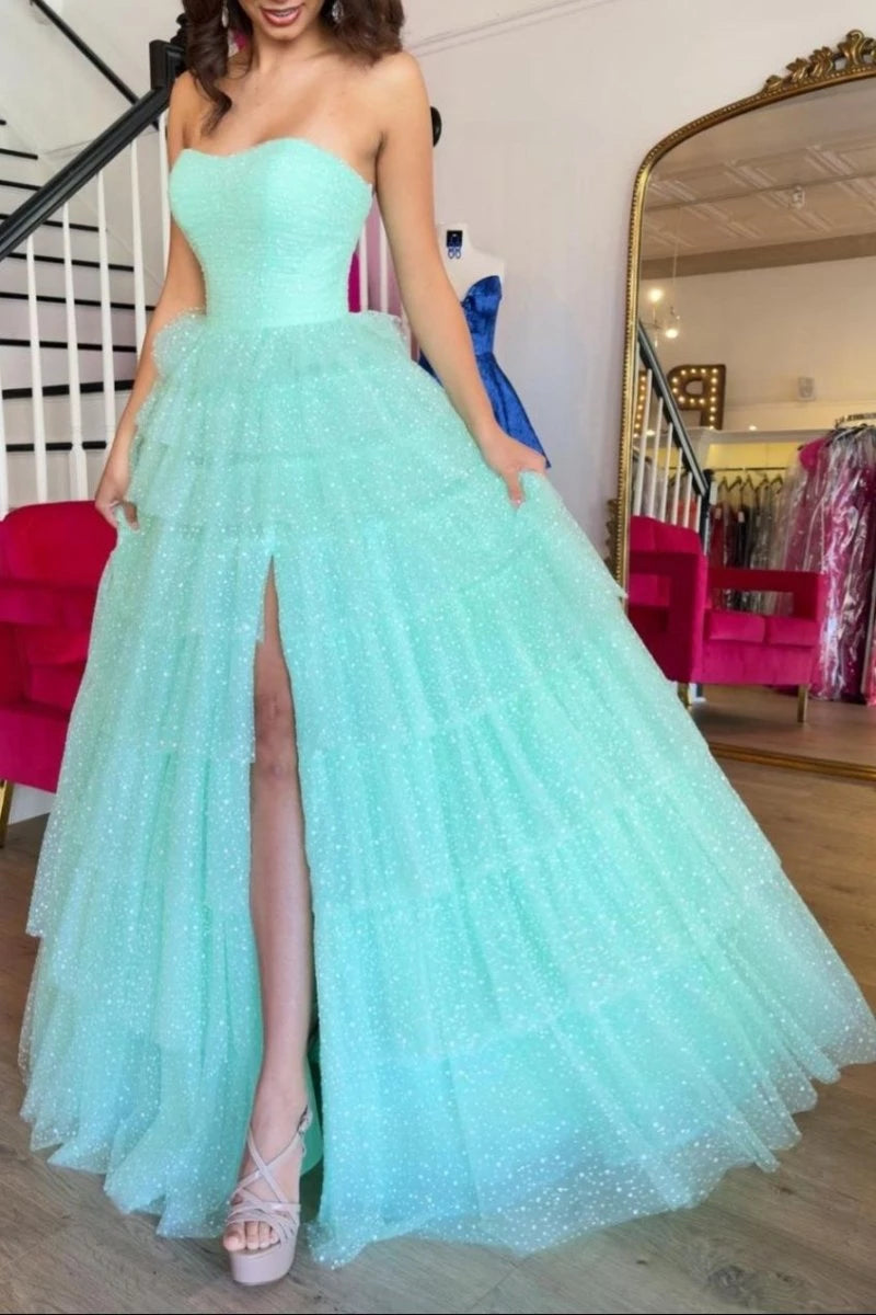 Unique Aqua Blue Sweetheart Tulle Tiered A-Line Long with Slit Evening Dresses Evening Dresses Prom Dress