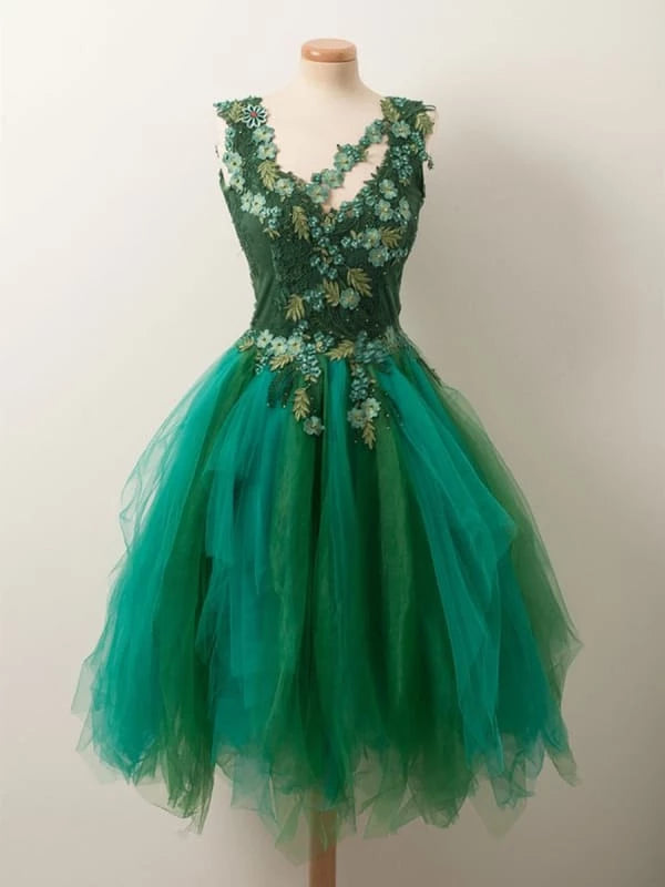 Unique Beaded Floral Short Green Lace Prom Fluffy Green Lace Formal Graduation Party Dresses Homecoming Dresses