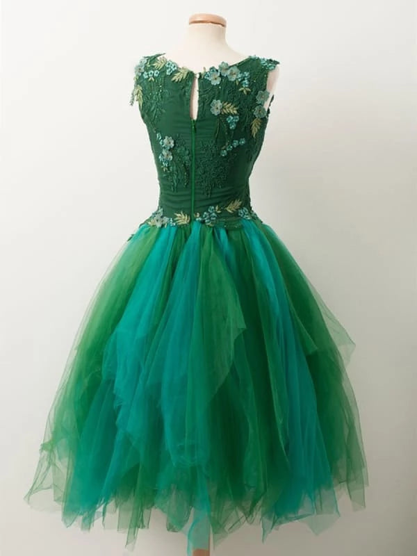 Unique Beaded Floral Short Green Lace Prom Fluffy Green Lace Formal Graduation Party Dresses Homecoming Dresses