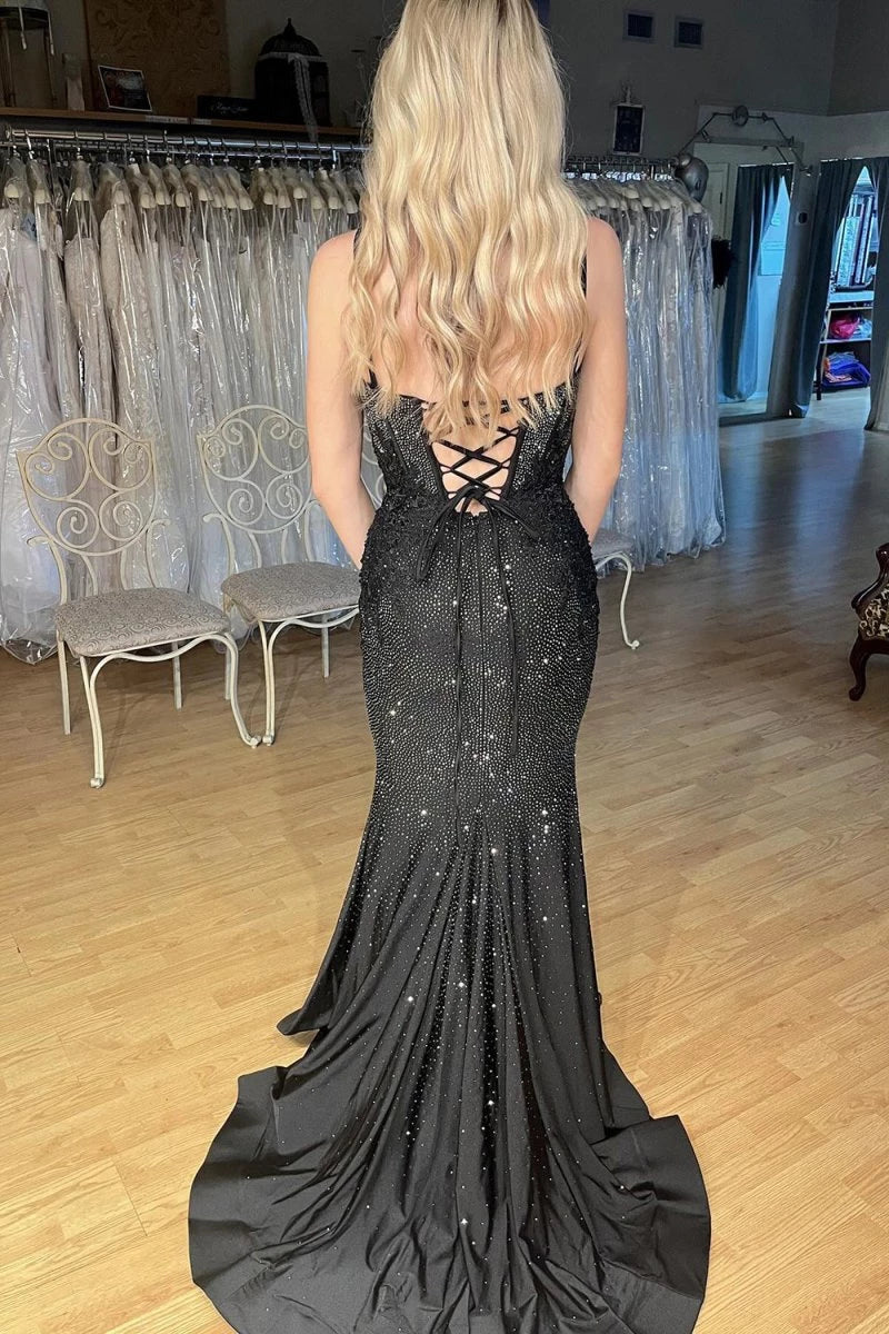 Unique Black Scoop Neck Mermaid With Beading Lace-Up Back Floor-length Sleeveless Evening Dresses Evening Dresses Prom Dress