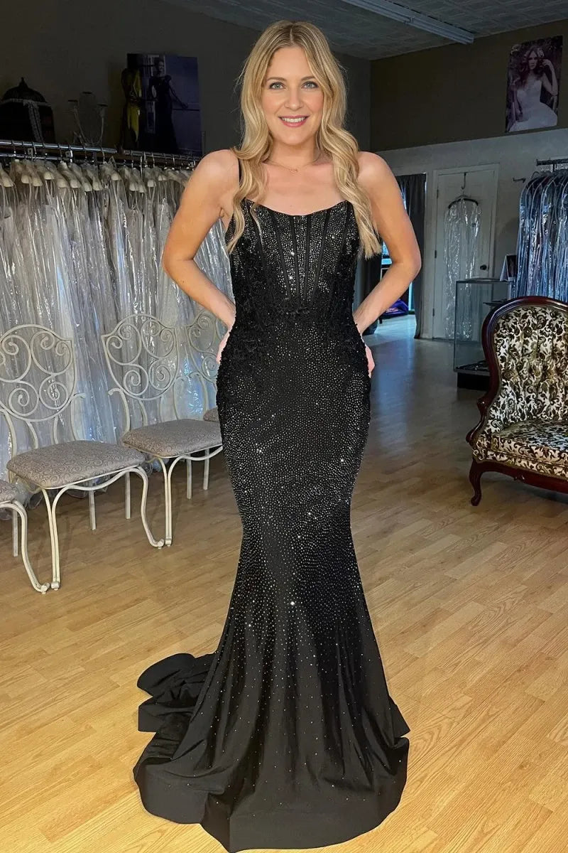 Unique Black Scoop Neck Mermaid With Beading Lace-Up Back Floor-length Sleeveless Evening Dresses Evening Dresses Prom Dress
