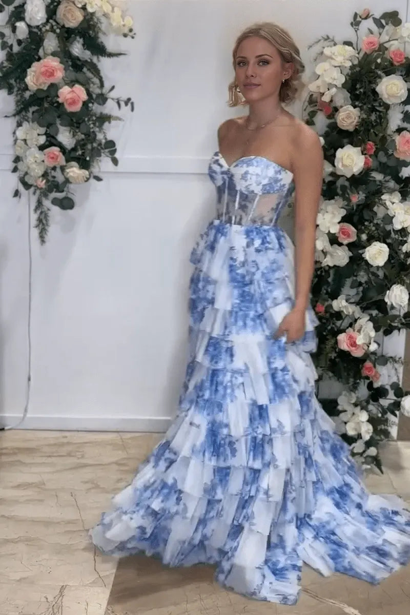 Unique Blue Floral Printed Sweetheart Chiffon Tiered A-Line Long Corset Evening Dresses Evening Dresses Prom Dress