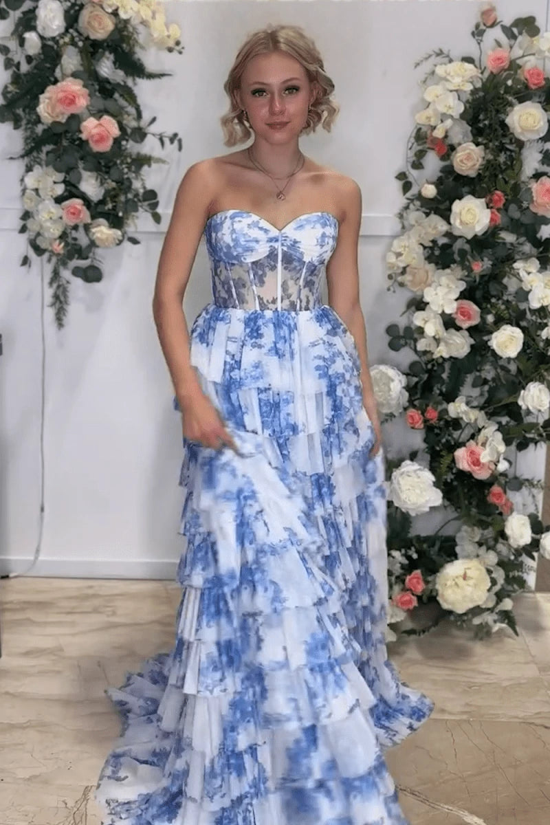 Unique Blue Floral Printed Sweetheart Chiffon Tiered A-Line Long Corset Evening Dresses Evening Dresses Prom Dress