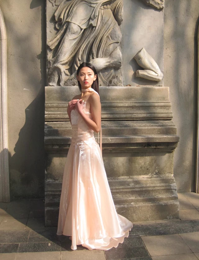 Unique Light Pink A Line Strapless Organza Long Prom Dress 16th Wedding Dress Prom Dress Cocktail Dress Homecoming Dress Evening Dress Party Dress