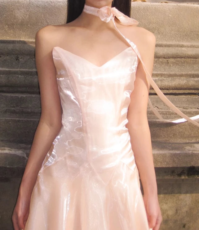 Unique Light Pink A Line Strapless Organza Long Prom Dress 16th Wedding Dress Prom Dress Cocktail Dress Homecoming Dress Evening Dress Party Dress