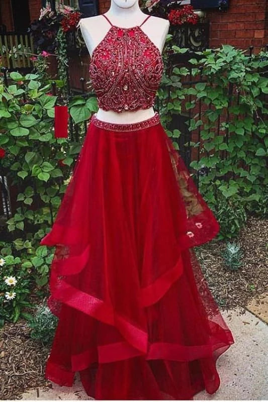 Unique Red Two Piece Prom Dresses Floor Length with Beading Charming Long Party Dresses Homecoming Dresses