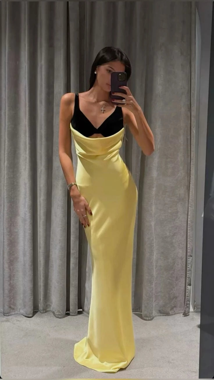 Unique Sheath Straps Yellow Black Satin Floor length Sleeveless Prom Dress Cocktail Dress Homecoming Dress Evening Dress