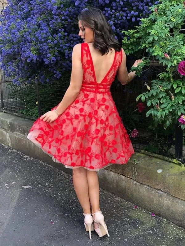 Unique V Neck and V Back Red Lace Flowers Short Prom Homecoming Red Lace Formal Red Evening Lace Graduation Party Dresses Homecoming Dresses