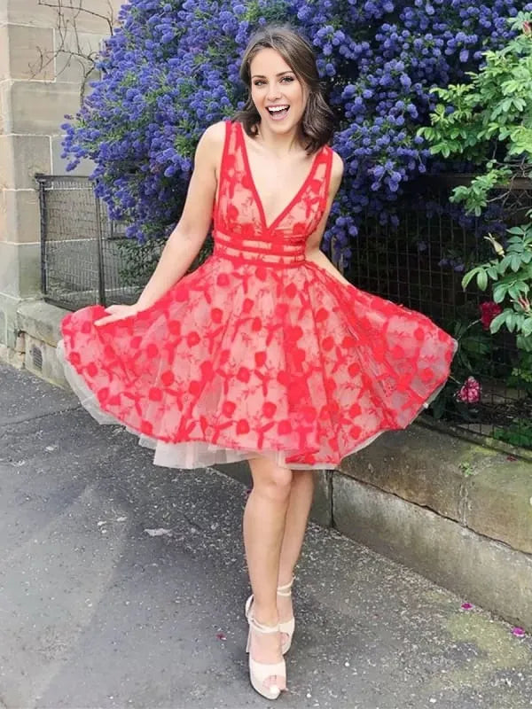 Unique V Neck and V Back Red Lace Flowers Short Prom Homecoming Red Lace Formal Red Evening Lace Graduation Party Dresses Homecoming Dresses