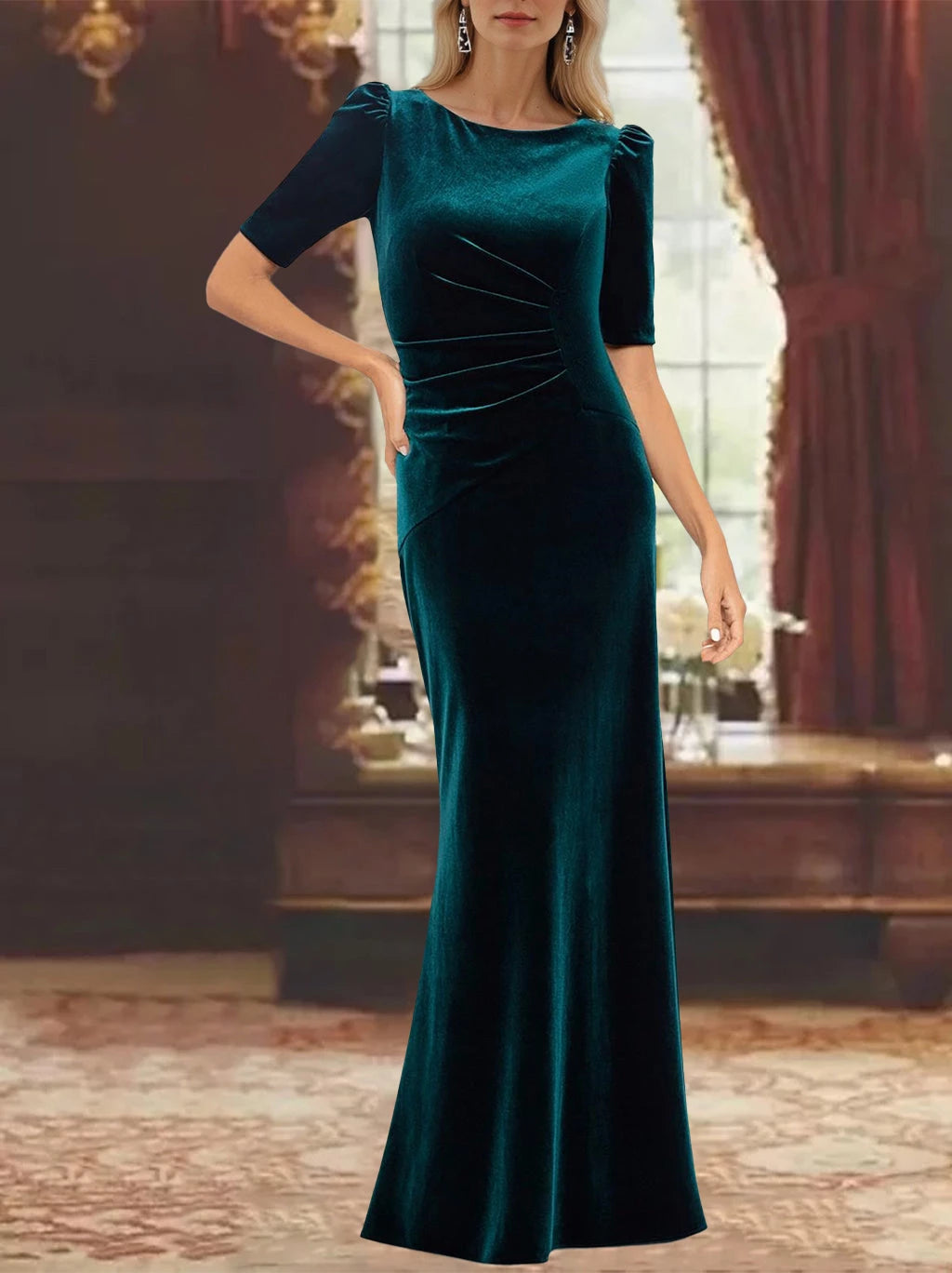 Unique Velvet A-Line Scoop Half Sleeves Ankle-Length with Ruffles Mother of the Bride Dresses